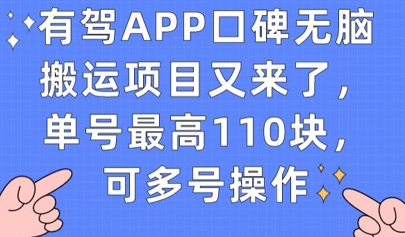 有驾APP口碑无脑搬运项目又来了，单号最高110块，可多号操作-千木学社