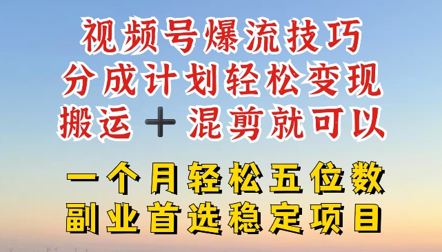 视频号爆流技巧，分成计划轻松变现，搬运 +混剪就可以，一个月轻松五位数稳定项目【揭秘】-千木学社